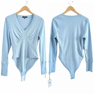 7 FOR ALL MANKIND Light Baby Blue Ribbed Knit Ruched Bodycon Bodysuit Medium
